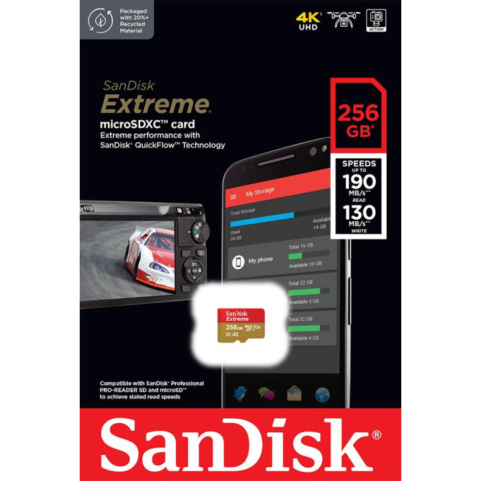 Карта пам'яті SanDisk microSD  256GB C10 UHS-I U3 R190/W130MB/s Extreme V30