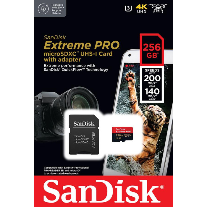 Карта пам'яті SanDisk microSD  256GB C10 UHS-I U3 R200/W140MB/s Extreme Pro V30 + SD